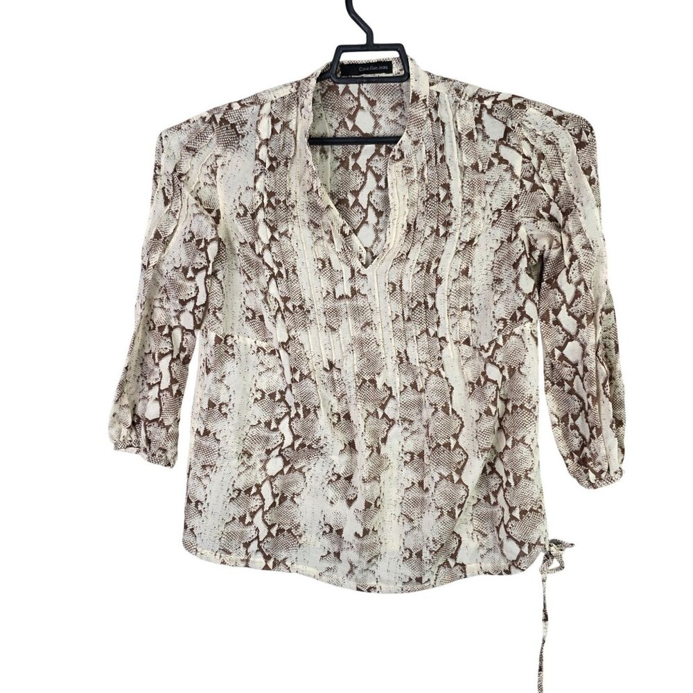 Womens Calvin Klein Jeans Brown & Beige Snake Print Blouse V-Neck 3/4 Sleeves S